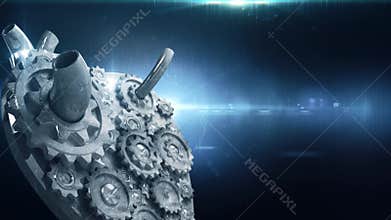 Close-up of human heart with rotating metal gears