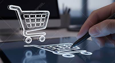 A hand uses a digital stylus to create a glowing wireframe shopping cart on a tablet.