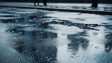 Wet urban street reflecting buildings and city lights
