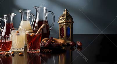 Traditional drinks and dates on a reflective table with a decorative lantern