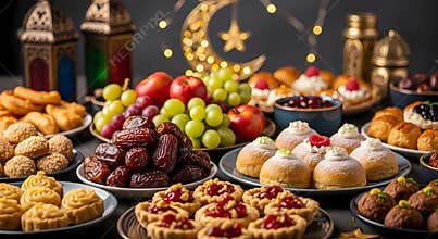 Traditional Ramadan Fast Breaking Food with Fruits and Sweets on Table