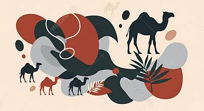 Stylized Desert Scene with Camels and Abstract Shapes Modern Art