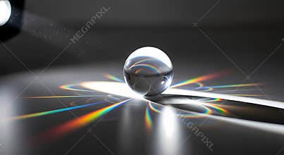 Glass Sphere Refracting Light into Rainbow Colors on Dark Surface