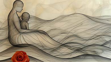 Mother and Child Abstract Art, Tender Embrace in Soft Hues