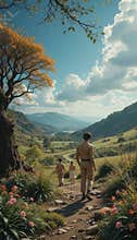 Group Walking Through Scenic Autumn Valley Landscape
