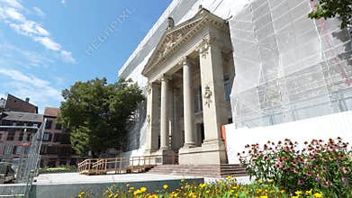 Low angle view of the Palais de Justice in Strasbourg, France, with neoclassical columns and facade