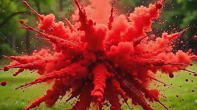 Bright reds scatter in an explode red powder background display, set before a smooth green background, Generative AI