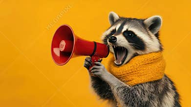 A raccoon wearing a scarf and holding a megaphone, great for environmental or animal-themed illustrations