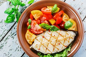 Fish steak grilled vegetables