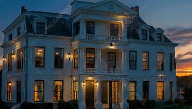 Elegant white mansion glows at dusk with architectural details and warm interior lighting