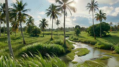 Serene tropical landscape featuring palm trees and a winding stream on a sunny day getaway