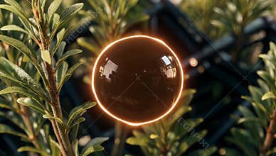 Glowing orb floats amidst lush green foliage creating a mystical and enchanting atmosphere
