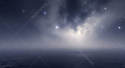 Mystical Night Sky Over Calm Ocean with Distant Stars