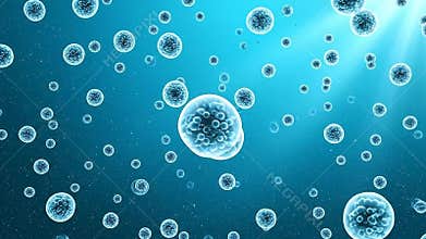 Abstract Microscopic Cells Animation on Blue Gradient Background Floating Cellular Structures Visual for Scientific Research