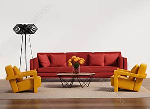 Contemporary living room with red sofa