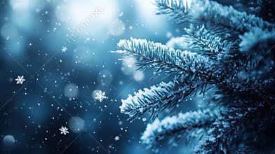 Snowflakes Falling Near Frosted Evergreen During Winter Night in Nature