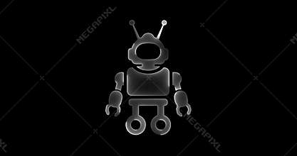 White glowing robot icon with antennae on black background android automaton