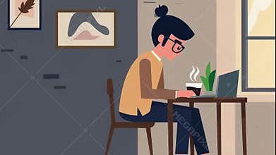Woman working on laptop at home desk illustration animation