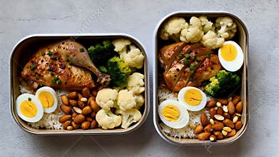 Two rectangular bento-style lunch boxes filled with boiled eggs, broccoli, cauliflower, chickpeas, and slices of roasted chicken