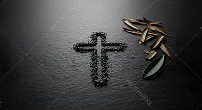 Dark Stone Cross Sign with Palm Leaves and Olive Leaf Symbolizing Lent, AI generative