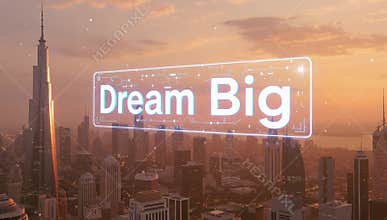 Futuristic City Skyline at Sunset with Holographic \'Dream Big\' Quote, Sleek Skyscrapers Glow