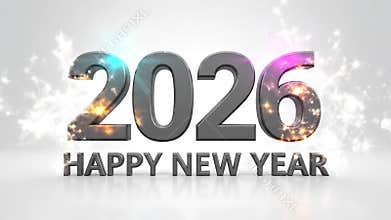 2026 new year greeting with metallic text and festive lighting