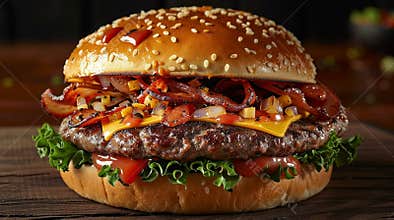 Cheesy Burger Close-up: Dripping Sauce, Bacon, and Sesame Bun