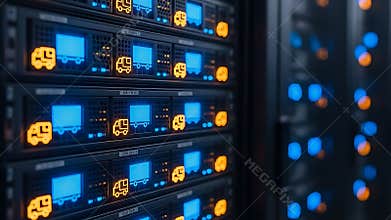 Data servers with glowing blue screens and delivery truck icons in a server room rack
