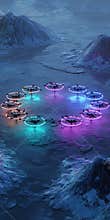 Drones in a circle, hovering over an icy landscape at twilight Each drone exhibits distinct neon colors purple, green, and pink