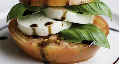 Gourmet Tomato and Fresh Mozzarella Stack with Basil Drizzled with Balsamic Glaze