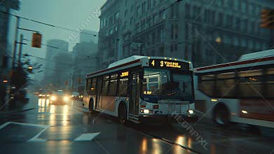 City street with buses on rainy day