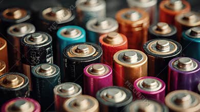 Colorful group of cylindrical aa batteries forming a background