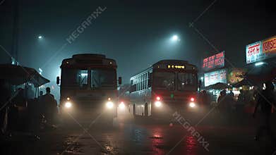 Buses driving through foggy city street at night with people walking