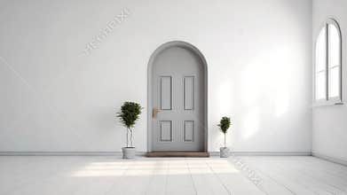 A plain gray door with an arched top set in a white wall with two potted trees on either side