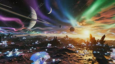 Luminescent extraterrestrial terrain illuminated, Mystical alien world with