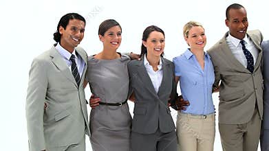 Smiling business people walking