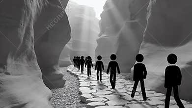 Black Stick Figures Walking in White Canyon with Light Rays