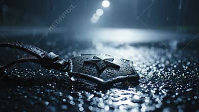 Weathered police badge lying on a wet asphalt street at night