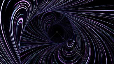 Swirling spiral tunnel formed by glowing purple and blue light streak lines on deep black background