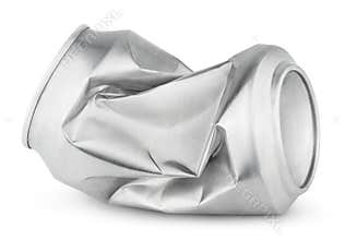 Crumpled empty soda or beer can isolated on white