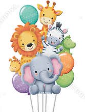 Cartoon Jungle Animals Floating With Colorful Balloons Against a White Background in Adorable Illustrations