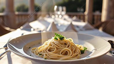 Video of steaming fettuccine with parmesan in a luxurious restaurant, warm sunlight, cozy atmosphere.