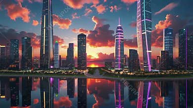 Futuristic cityscape at sunset, neon metropolis with volumetric clouds.