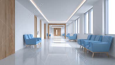 Generative AI Modern Hospital Waiting Area with Blue Seating and Bright Natural Light Clean Design business concep