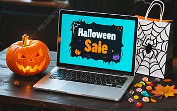 Halloween Sale on Laptop with Pumpkin and Candy