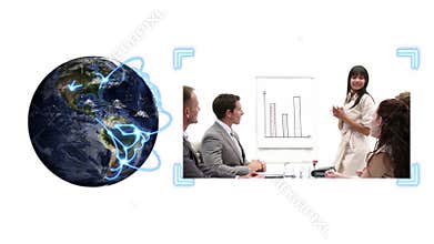 Earth turning as a video of business people appears beside it with Earth image courtesy of Nasa.org