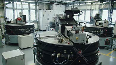 Detailed View of a Multi Axis Spacecraft Gyroscope Calibration System with Rotating Platforms and Precision Instruments in a