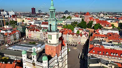 Aerial close up view of historic Poznan town hall tower and market square Poland