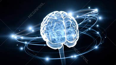 Glowing neural lines driving brain rotating while medical icons orbit showing brain connectivity