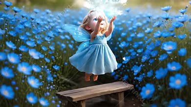 A little blue fairy sits among vibrant flowers, displaying her shimmering wings as she contemplates the magic.